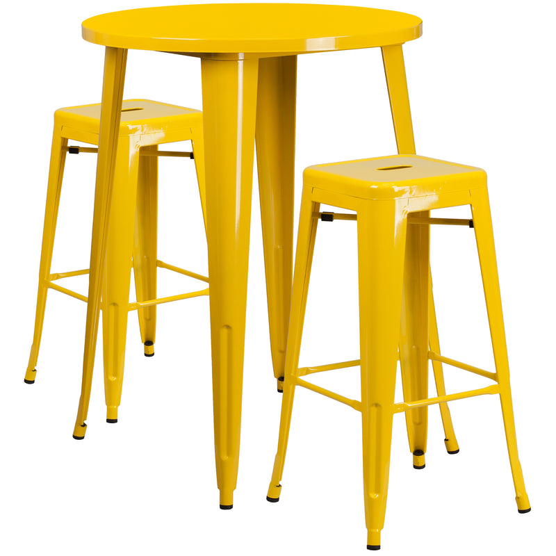 Commercial Grade 30" Round Yellow Metal Indoor-Outdoor Bar Table Set with 2 Square Seat Backless Stools