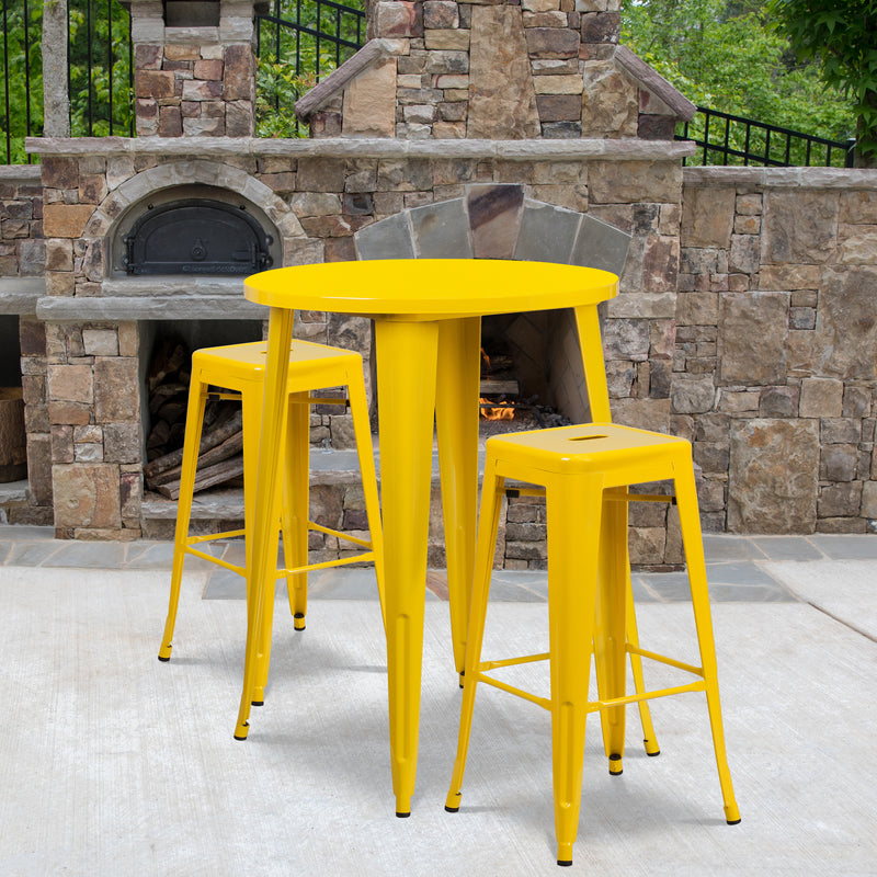 Commercial Grade 30" Round Yellow Metal Indoor-Outdoor Bar Table Set with 2 Square Seat Backless Stools