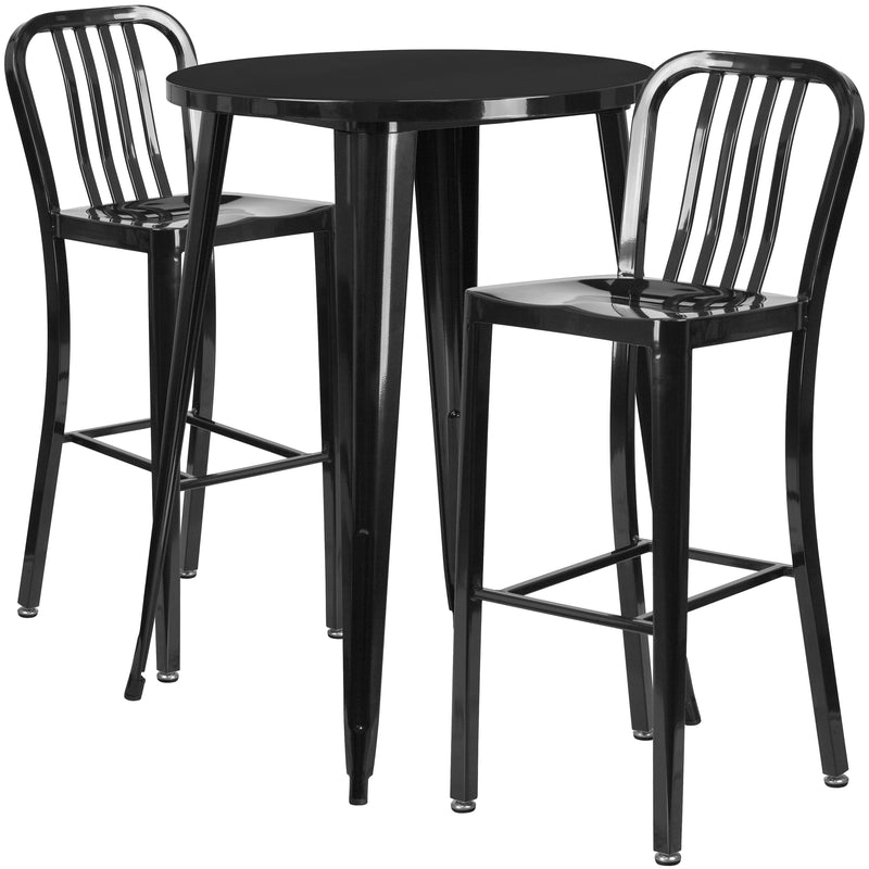 Commercial Grade 30" Round Black Metal Indoor-Outdoor Bar Table Set with 2 Vertical Slat Back Stools