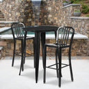 Commercial Grade 30" Round Black Metal Indoor-Outdoor Bar Table Set with 2 Vertical Slat Back Stools