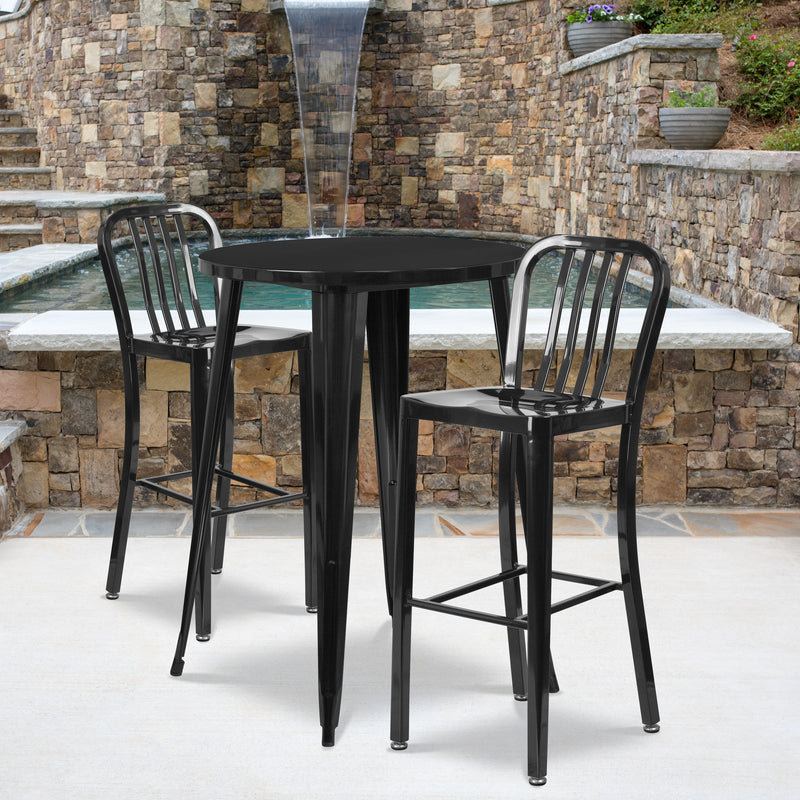 Commercial Grade 30" Round Black Metal Indoor-Outdoor Bar Table Set with 2 Vertical Slat Back Stools