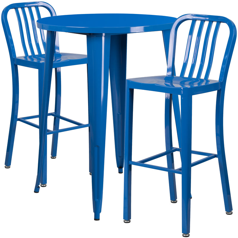 Commercial Grade 30" Round Blue Metal Indoor-Outdoor Bar Table Set with 2 Vertical Slat Back Stools