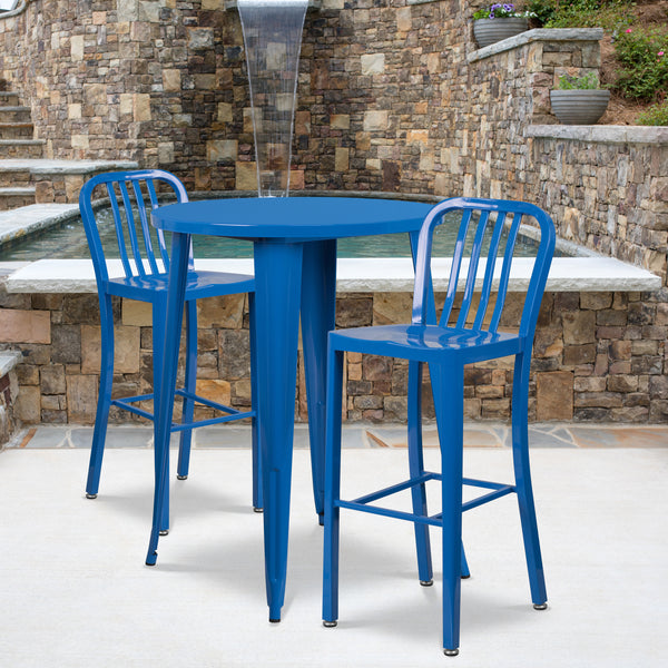 Commercial Grade 30" Round Blue Metal Indoor-Outdoor Bar Table Set with 2 Vertical Slat Back Stools