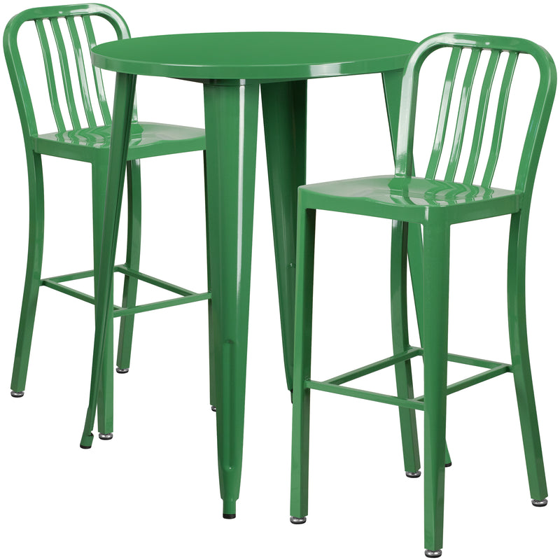 Commercial Grade 30" Round Green Metal Indoor-Outdoor Bar Table Set with 2 Vertical Slat Back Stools