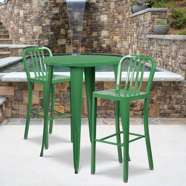 Commercial Grade 30" Round Green Metal Indoor-Outdoor Bar Table Set with 2 Vertical Slat Back Stools