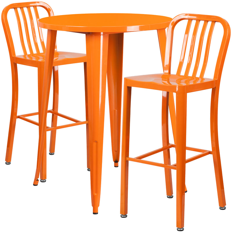 Commercial Grade 30" Round Orange Metal Indoor-Outdoor Bar Table Set with 2 Vertical Slat Back Stools