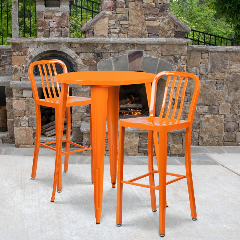 Commercial Grade 30" Round Orange Metal Indoor-Outdoor Bar Table Set with 2 Vertical Slat Back Stools