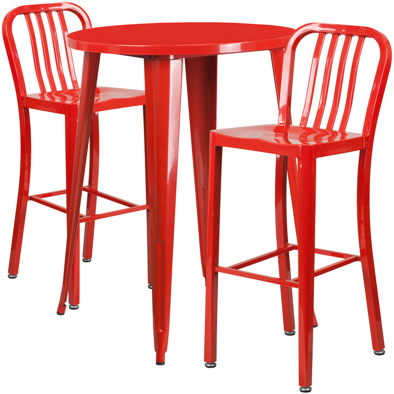 Commercial Grade 30" Round Red Metal Indoor-Outdoor Bar Table Set with 2 Vertical Slat Back Stools