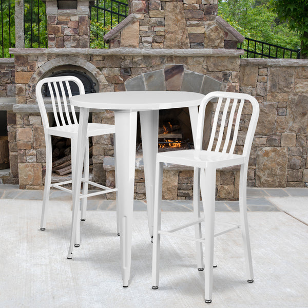 Commercial Grade 30" Round White Metal Indoor-Outdoor Bar Table Set with 2 Vertical Slat Back Stools