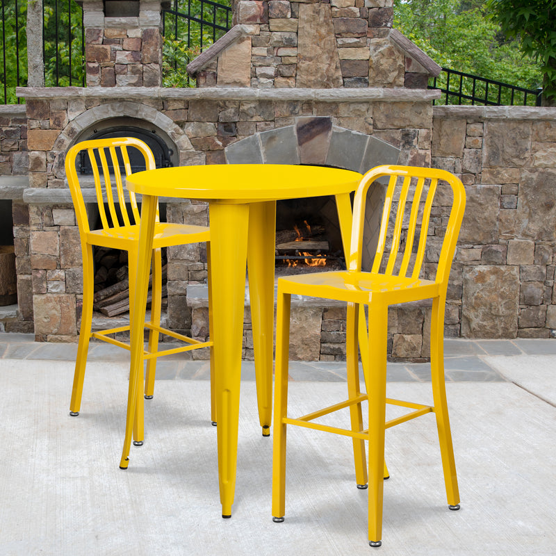 Commercial Grade 30" Round Yellow Metal Indoor-Outdoor Bar Table Set with 2 Vertical Slat Back Stools