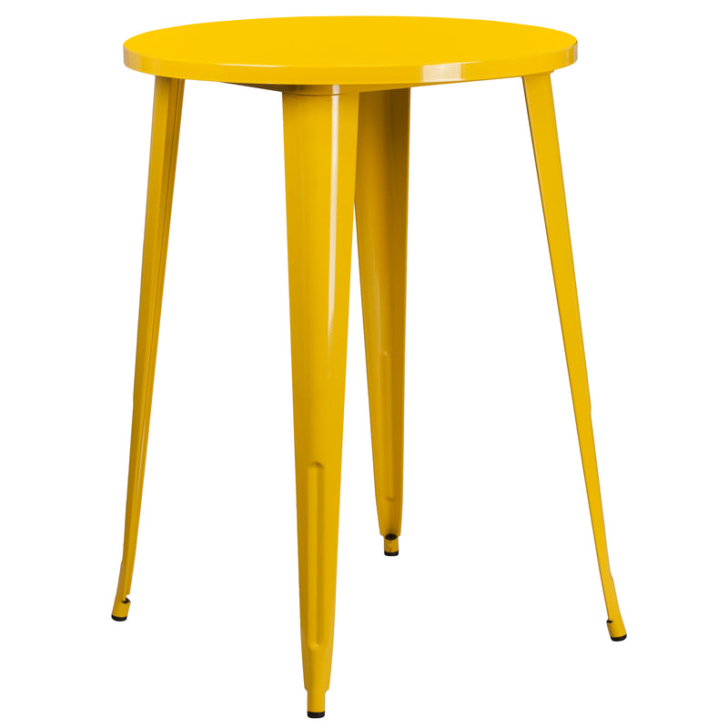 Commercial Grade 30" Round Yellow Metal Indoor-Outdoor Bar Table Set with 2 Vertical Slat Back Stools