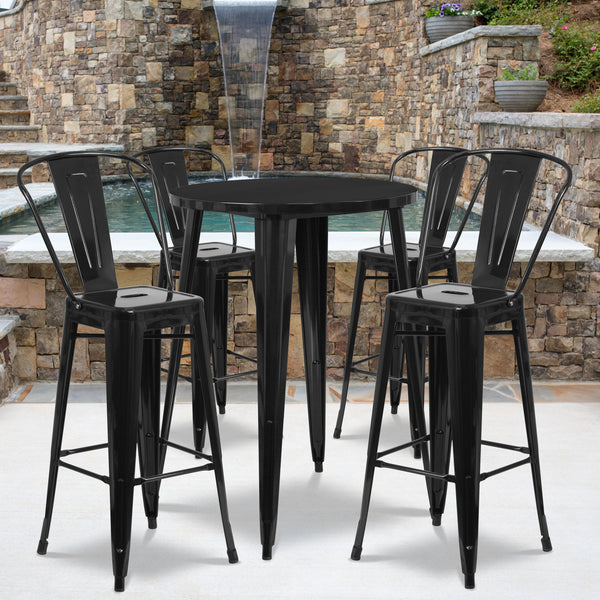 Commercial Grade 30" Round Black Metal Indoor-Outdoor Bar Table Set with 4 Cafe Stools