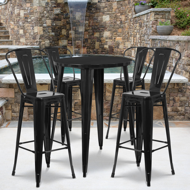 Commercial Grade 30" Round Black Metal Indoor-Outdoor Bar Table Set with 4 Cafe Stools