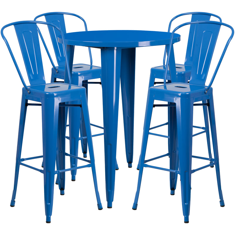 Commercial Grade 30" Round Blue Metal Indoor-Outdoor Bar Table Set with 4 Cafe Stools