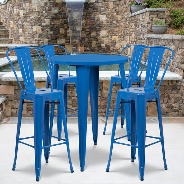 Commercial Grade 30" Round Blue Metal Indoor-Outdoor Bar Table Set with 4 Cafe Stools