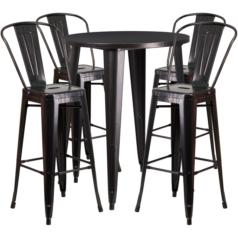 Commercial Grade 30" Round Black-Antique Gold Metal Indoor-Outdoor Bar Table Set with 4 Cafe Stools