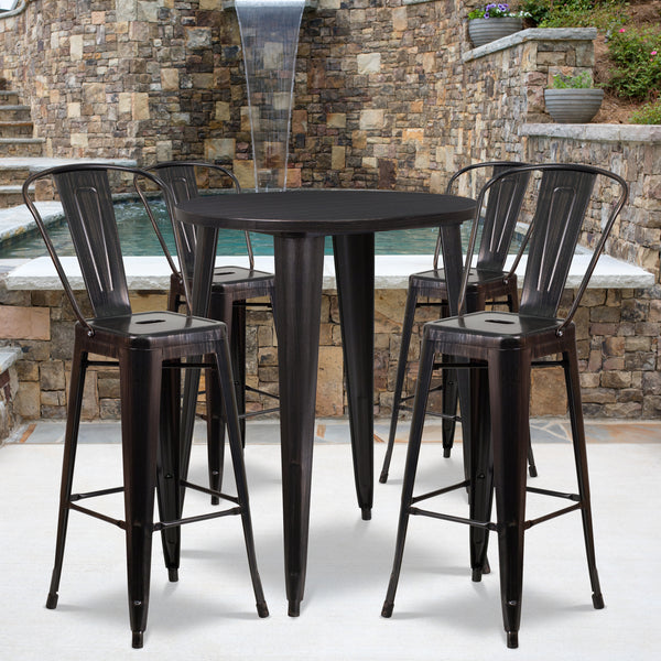 Commercial Grade 30" Round Black-Antique Gold Metal Indoor-Outdoor Bar Table Set with 4 Cafe Stools