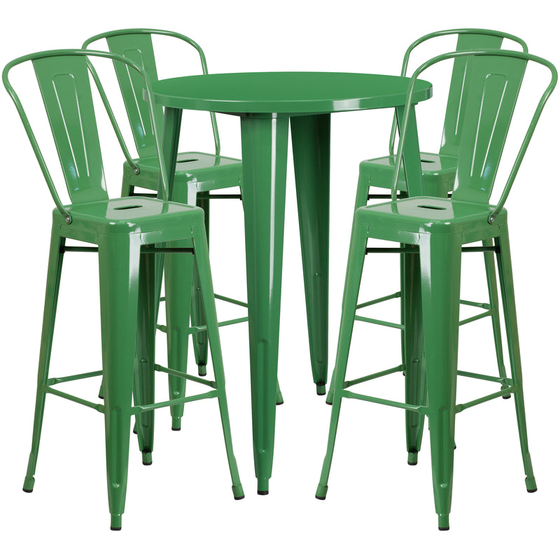 Commercial Grade 30" Round Green Metal Indoor-Outdoor Bar Table Set with 4 Cafe Stools