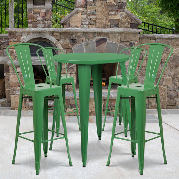 Commercial Grade 30" Round Green Metal Indoor-Outdoor Bar Table Set with 4 Cafe Stools