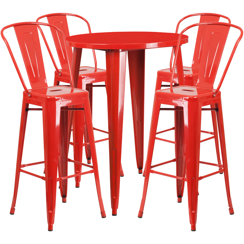 Commercial Grade 30" Round Red Metal Indoor-Outdoor Bar Table Set with 4 Cafe Stools