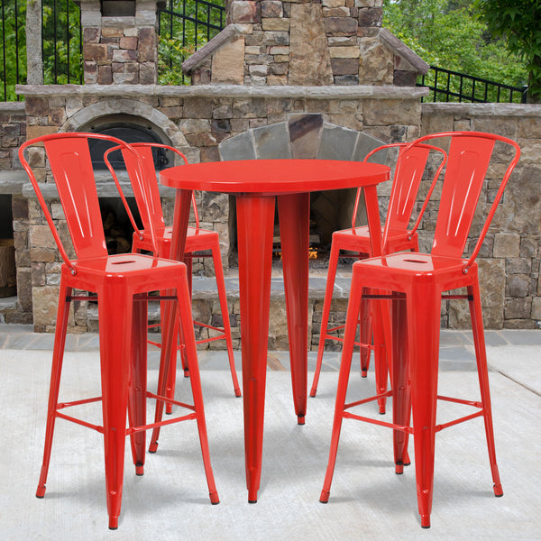 Commercial Grade 30" Round Red Metal Indoor-Outdoor Bar Table Set with 4 Cafe Stools