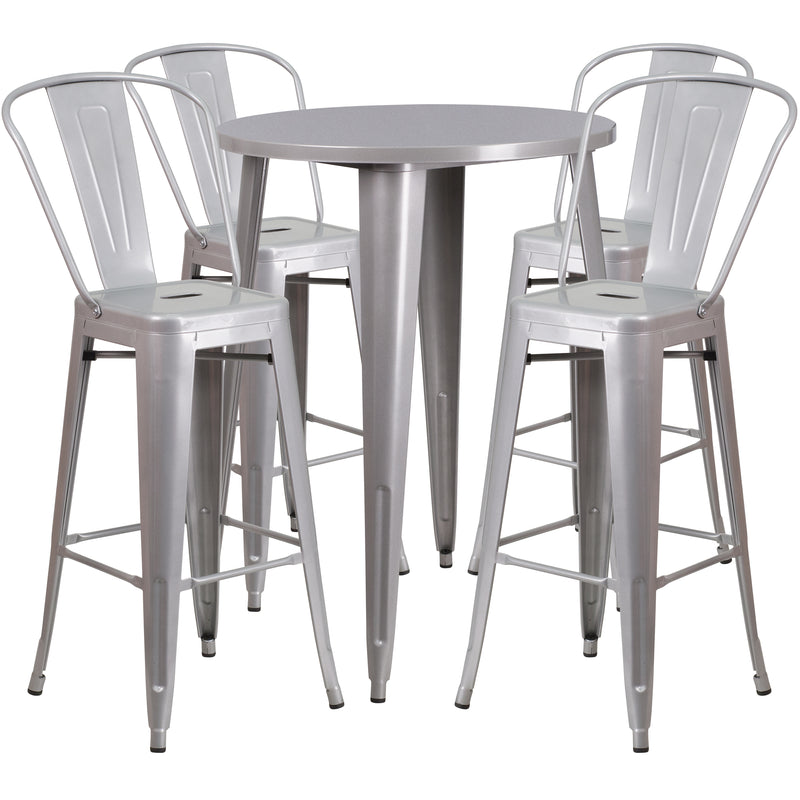 Commercial Grade 30" Round Silver Metal Indoor-Outdoor Bar Table Set with 4 Cafe Stools