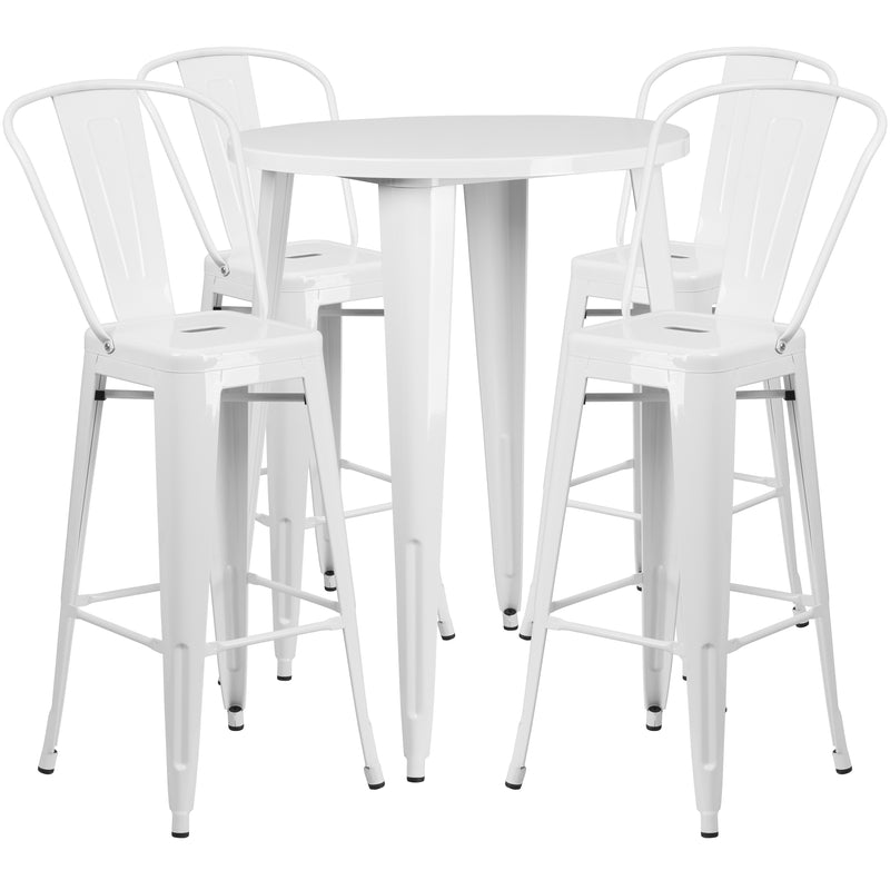 Commercial Grade 30" Round White Metal Indoor-Outdoor Bar Table Set with 4 Cafe Stools