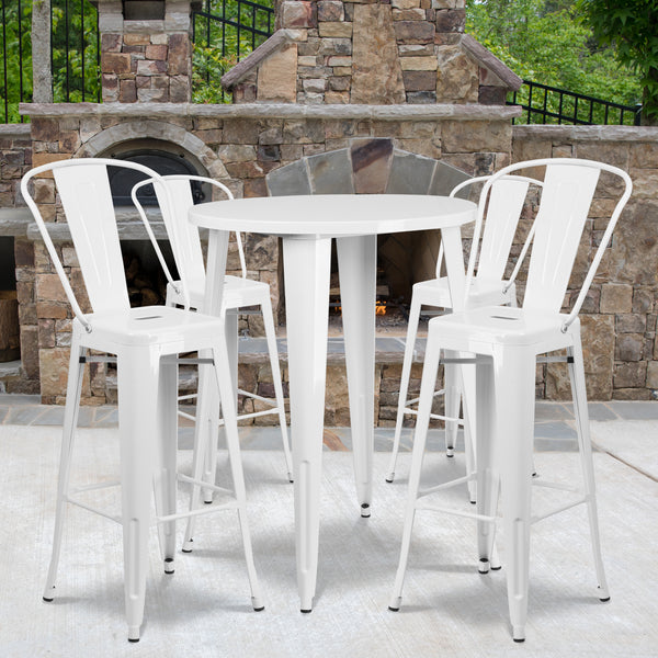 Commercial Grade 30" Round White Metal Indoor-Outdoor Bar Table Set with 4 Cafe Stools