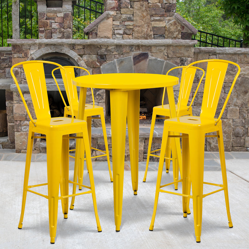 Commercial Grade 30" Round Yellow Metal Indoor-Outdoor Bar Table Set with 4 Cafe Stools