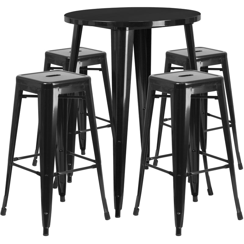 Commercial Grade 30" Round Black Metal Indoor-Outdoor Bar Table Set with 4 Square Seat Backless Stools