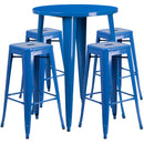 Commercial Grade 30" Round Blue Metal Indoor-Outdoor Bar Table Set with 4 Square Seat Backless Stools