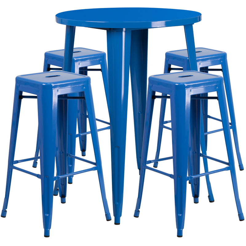 Commercial Grade 30" Round Blue Metal Indoor-Outdoor Bar Table Set with 4 Square Seat Backless Stools