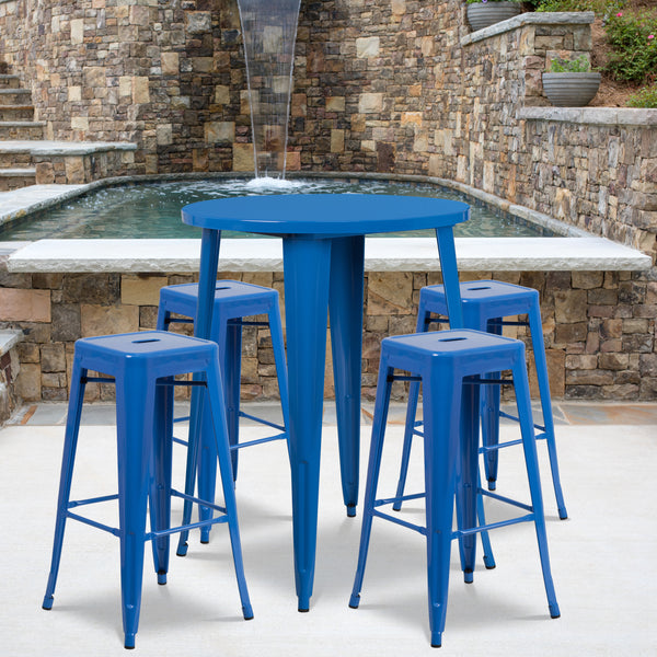 Commercial Grade 30" Round Blue Metal Indoor-Outdoor Bar Table Set with 4 Square Seat Backless Stools