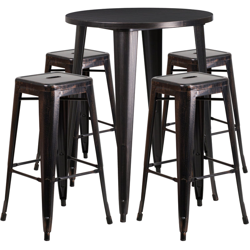 Commercial Grade 30" Round Black-Antique Gold Metal Indoor-Outdoor Bar Table Set with 4 Square Seat Backless Stools