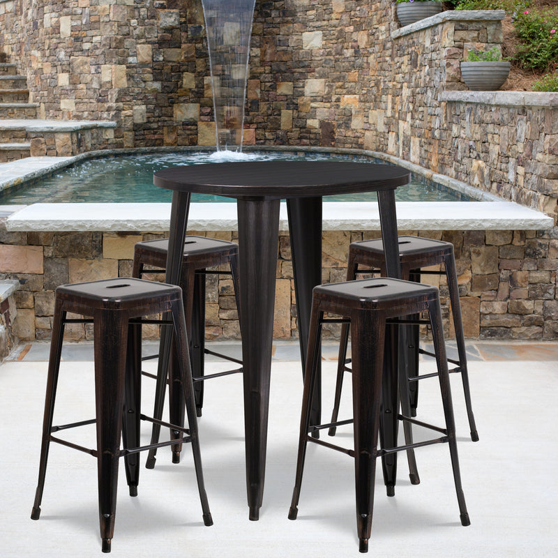 Commercial Grade 30" Round Black-Antique Gold Metal Indoor-Outdoor Bar Table Set with 4 Square Seat Backless Stools