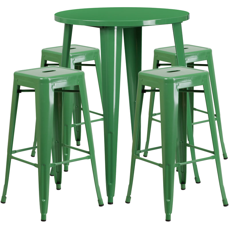 Commercial Grade 30" Round Green Metal Indoor-Outdoor Bar Table Set with 4 Square Seat Backless Stools