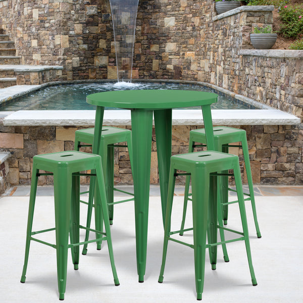 Commercial Grade 30" Round Green Metal Indoor-Outdoor Bar Table Set with 4 Square Seat Backless Stools