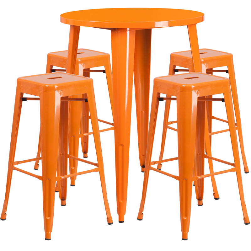 Commercial Grade 30" Round Orange Metal Indoor-Outdoor Bar Table Set with 4 Square Seat Backless Stools