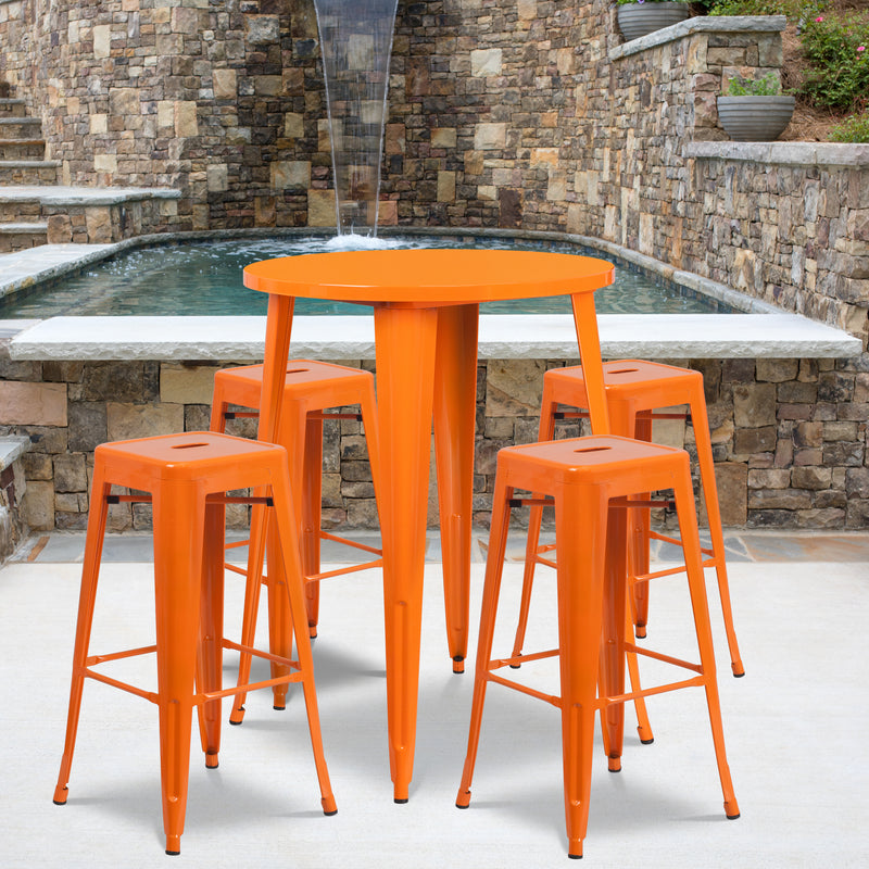 Commercial Grade 30" Round Orange Metal Indoor-Outdoor Bar Table Set with 4 Square Seat Backless Stools