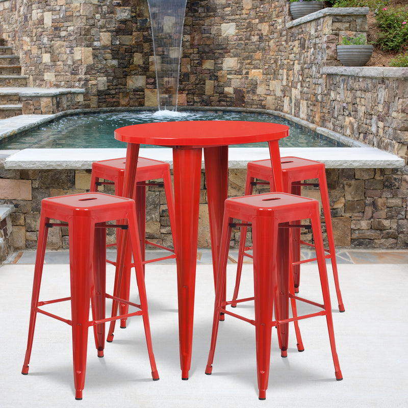 Commercial Grade 30" Round Red Metal Indoor-Outdoor Bar Table Set with 4 Square Seat Backless Stools