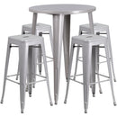 Commercial Grade 30" Round Silver Metal Indoor-Outdoor Bar Table Set with 4 Square Seat Backless Stools