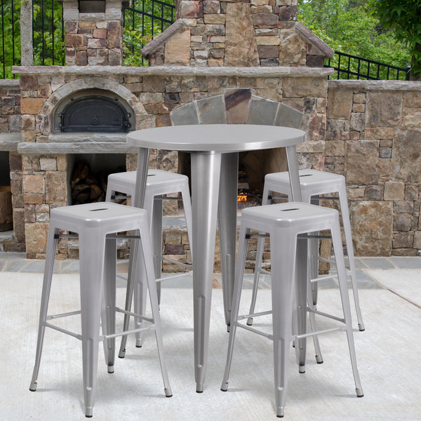 Commercial Grade 30" Round Silver Metal Indoor-Outdoor Bar Table Set with 4 Square Seat Backless Stools