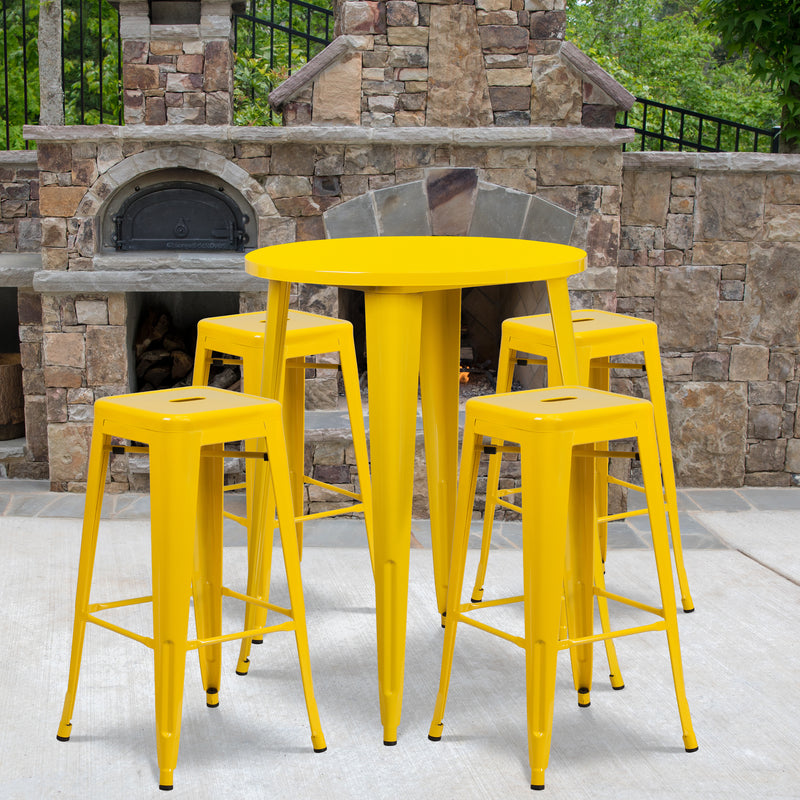 Commercial Grade 30" Round Yellow Metal Indoor-Outdoor Bar Table Set with 4 Square Seat Backless Stools