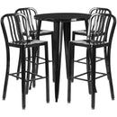 Commercial Grade 30" Round Black Metal Indoor-Outdoor Bar Table Set with 4 Vertical Slat Back Stools