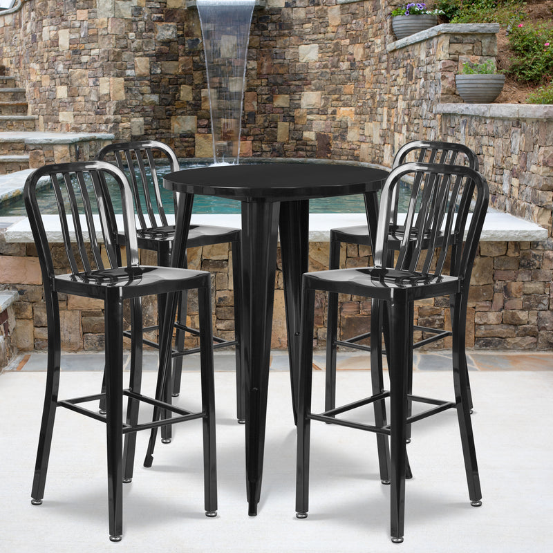 Commercial Grade 30" Round Black Metal Indoor-Outdoor Bar Table Set with 4 Vertical Slat Back Stools