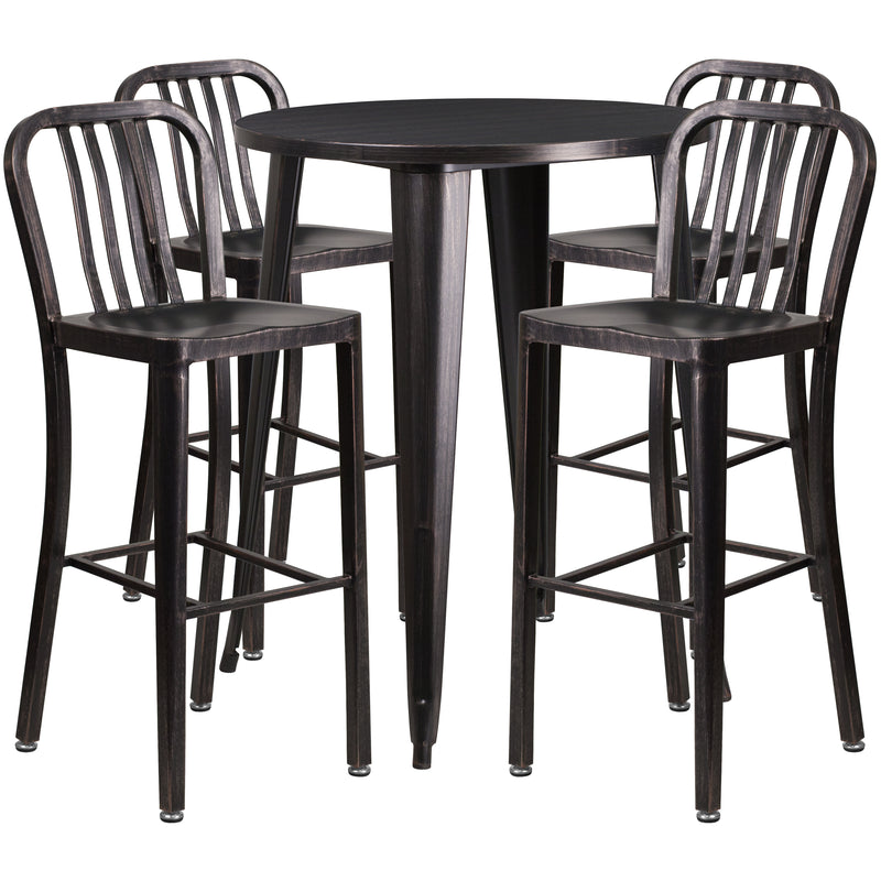 Commercial Grade 30" Round Black-Antique Gold Metal Indoor-Outdoor Bar Table Set with 4 Vertical Slat Back Stools