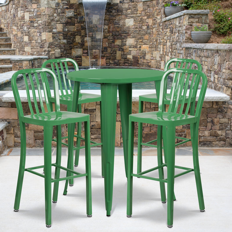 Commercial Grade 30" Round Green Metal Indoor-Outdoor Bar Table Set with 4 Vertical Slat Back Stools