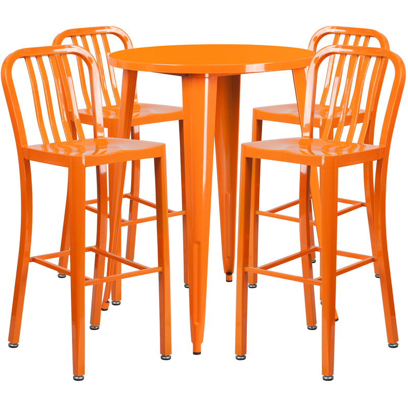 Commercial Grade 30" Round Orange Metal Indoor-Outdoor Bar Table Set with 4 Vertical Slat Back Stools