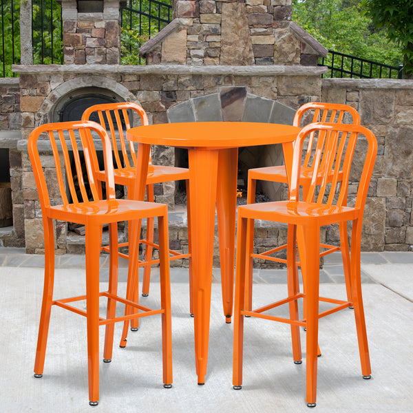 Commercial Grade 30" Round Orange Metal Indoor-Outdoor Bar Table Set with 4 Vertical Slat Back Stools