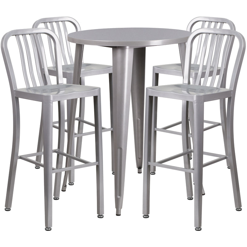 Commercial Grade 30" Round Silver Metal Indoor-Outdoor Bar Table Set with 4 Vertical Slat Back Stools